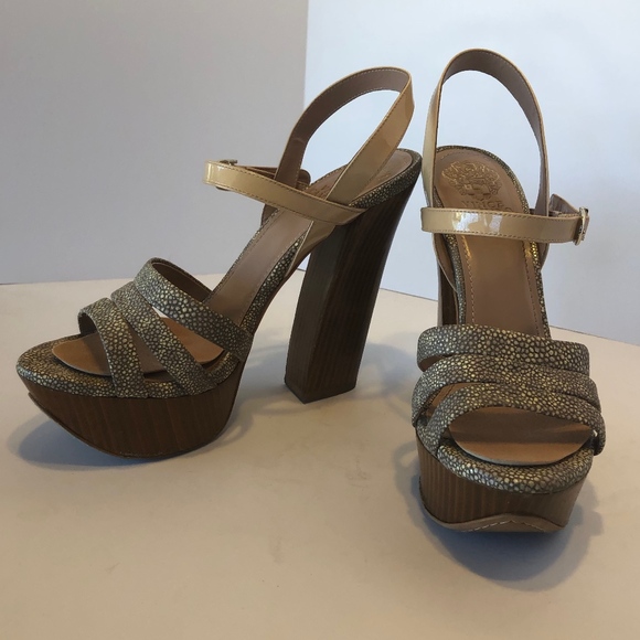 Natural Platform Sandals w/wooden heels Sz 9.5 - Picture 1 of 8